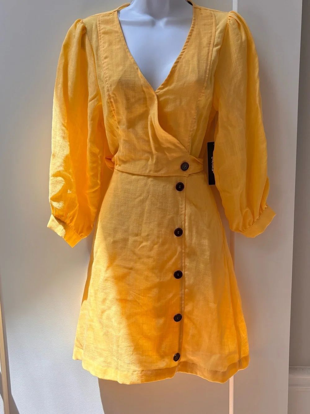 NWT Lulu's Sunny Yellow Button-Front Wrap Mini Dress